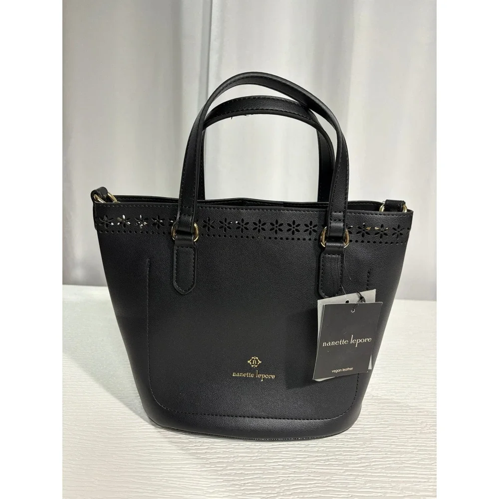 Nanette Lepore Black Vegan Leather Satchel Bag in a Bag Gingham Baguette